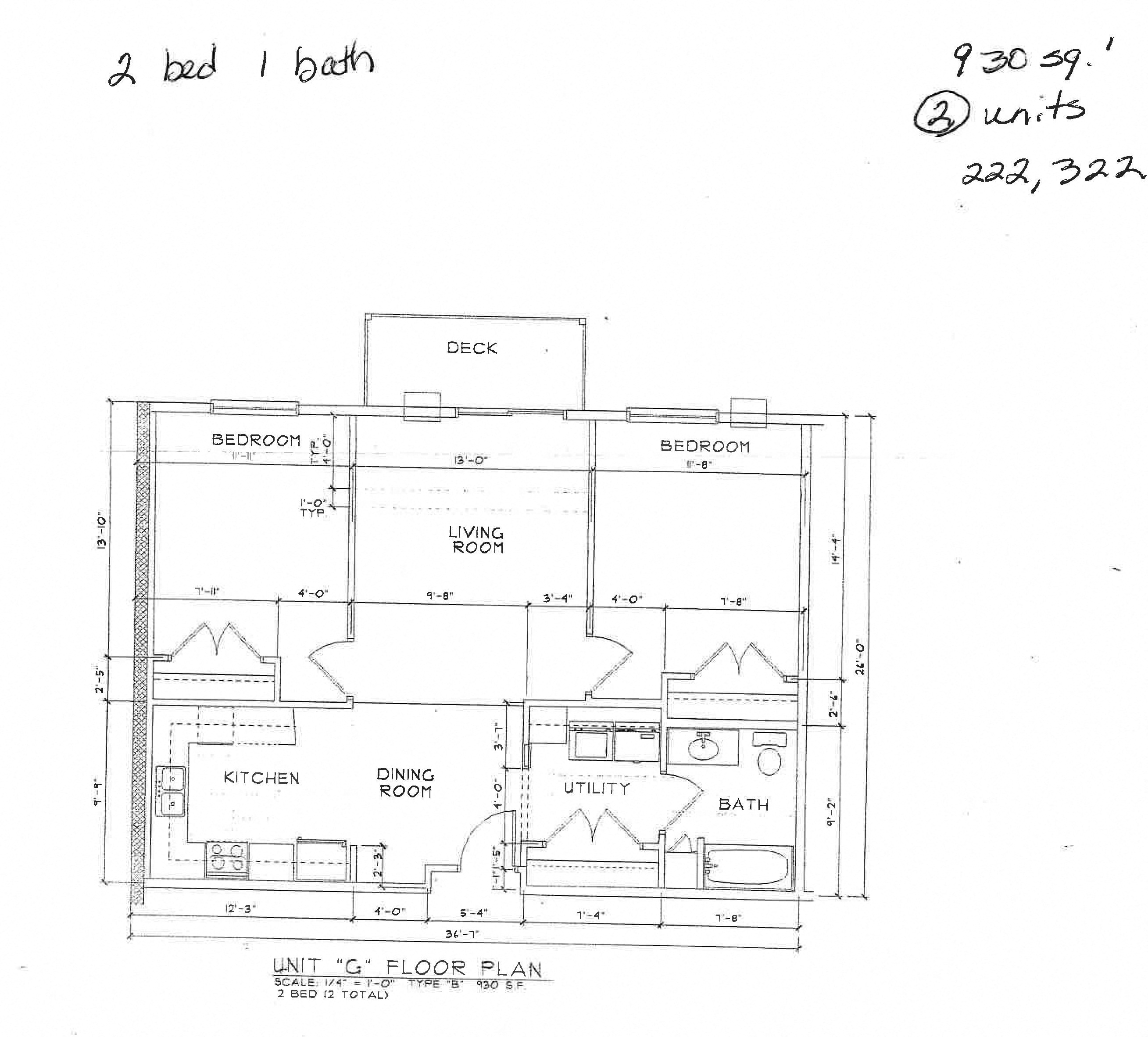 Floor plan for 2 beds, 1 bath, 930 sqft